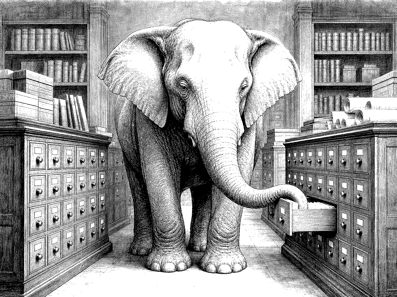 An elephant pulling one drawer from a card catalog with its trunk.